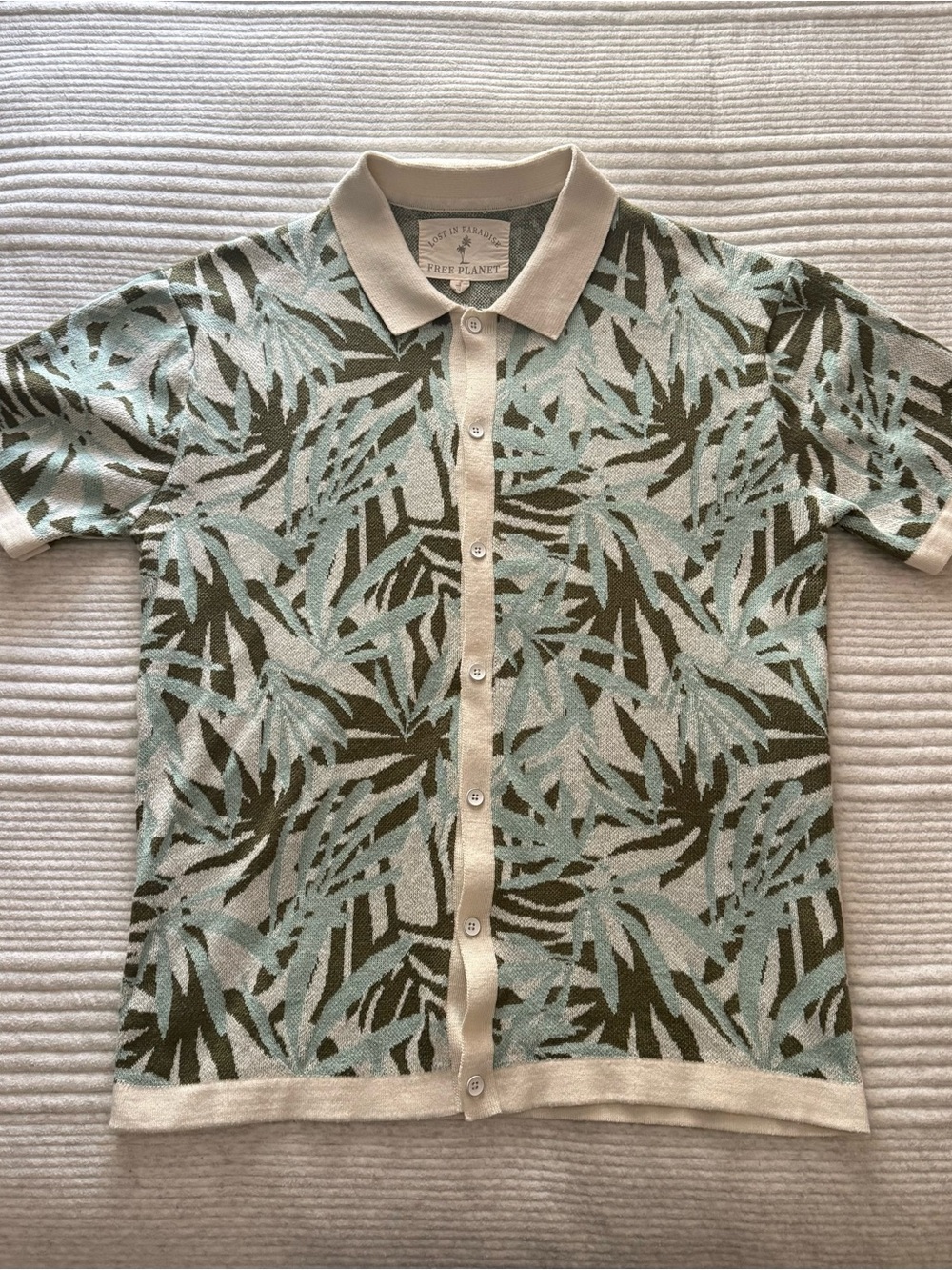 Free Planet Mens Large Knit Sweater Polo Shirt Palm Leaf Button Down Tropical L